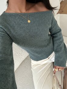 Aloruh 女款休閒法式優雅亮片性感秋季新款針織不對稱露肩喇叭袖毛衣上衣 寬鬆上身緊身下擺 灰粉色 - 軍綠色 - 查看 4