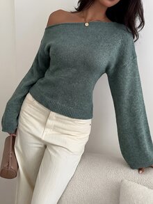Aloruh 女款休閒法式優雅亮片性感秋季新款針織不對稱露肩喇叭袖毛衣上衣 寬鬆上身緊身下擺 灰粉色 - 軍綠色 - 查看 5
