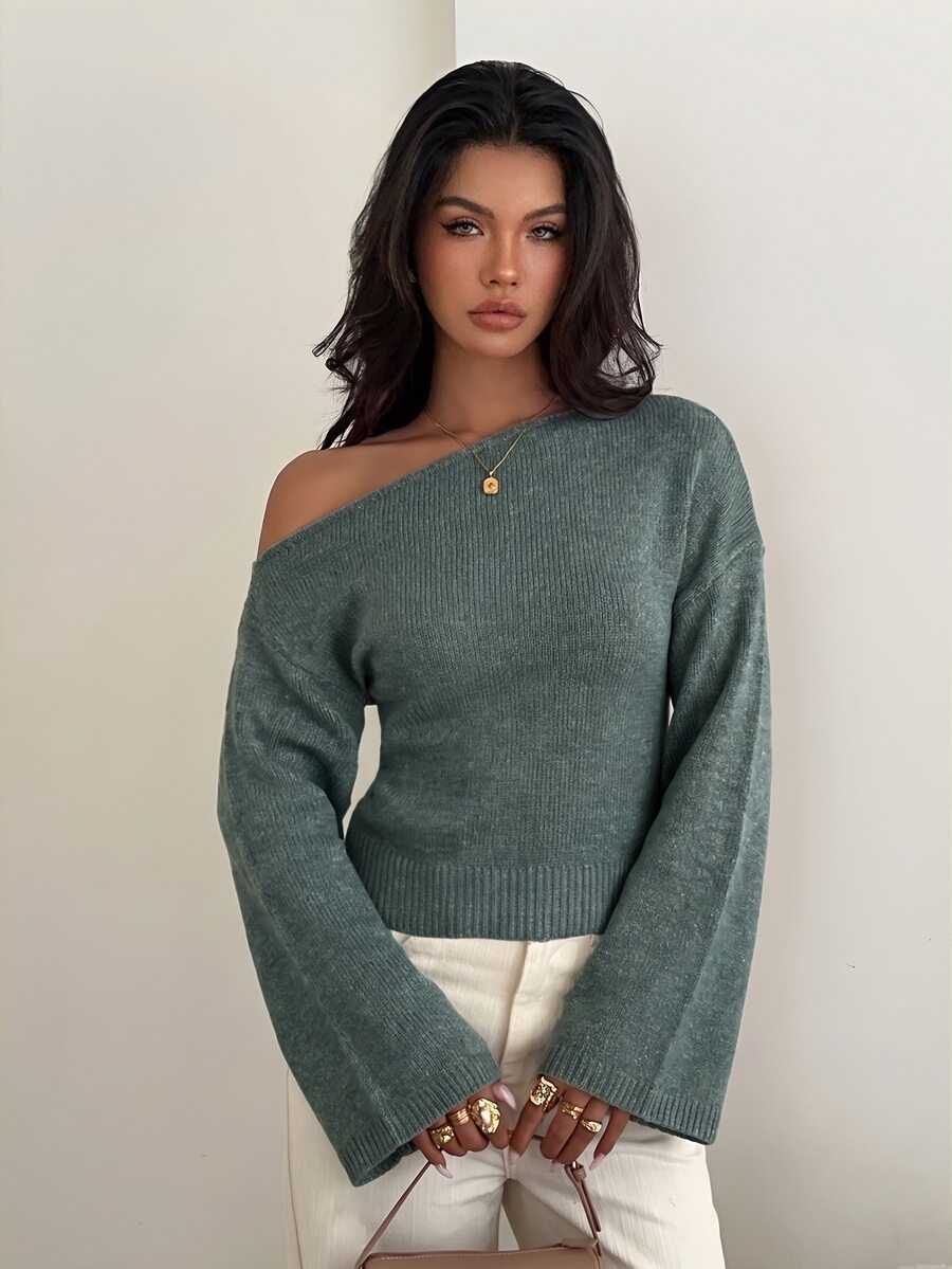 Aloruh 女款休閒法式優雅亮片性感秋季新款針織不對稱露肩喇叭袖毛衣上衣 寬鬆上身緊身下擺 灰粉色 - 軍綠色 - 查看 1