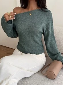 Aloruh 女款休閒法式優雅亮片性感秋季新款針織不對稱露肩喇叭袖毛衣上衣 寬鬆上身緊身下擺 灰粉色 - 軍綠色 - 查看 3