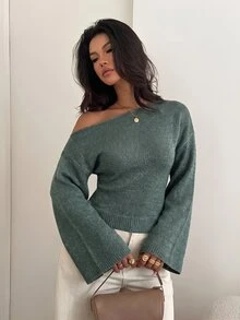 Aloruh 女款休閒法式優雅亮片性感秋季新款針織不對稱露肩喇叭袖毛衣上衣 寬鬆上身緊身下擺 灰粉色 - 軍綠色 - 查看 7