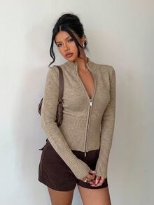 Aloruh Women's Casual Ribbed High Neck Zip-Up Long Sleeve Sweater Cardigan, Yellow, Suitable For Everyday Wear And Sports, Autumn/Winter - Khaki - View 3