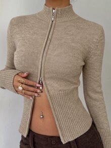 Aloruh Women's Casual Ribbed High Neck Zip-Up Long Sleeve Sweater Cardigan, Yellow, Suitable For Everyday Wear And Sports, Autumn/Winter - Khaki - View 8