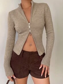 Aloruh Women's Casual Ribbed High Neck Zip-Up Long Sleeve Sweater Cardigan, Yellow, Suitable For Everyday Wear And Sports, Autumn/Winter - Khaki - View 7