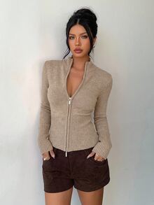 Aloruh Women's Casual Ribbed High Neck Zip-Up Long Sleeve Sweater Cardigan, Yellow, Suitable For Everyday Wear And Sports, Autumn/Winter - Khaki - View 1