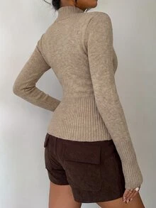 Aloruh Women's Casual Ribbed High Neck Zip-Up Long Sleeve Sweater Cardigan, Yellow, Suitable For Everyday Wear And Sports, Autumn/Winter - Khaki - View 2