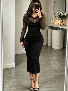 Everyssa Women's Solid Color Cowl Neck Mesh Patchwork Long Sleeve Fitted Elegant Midi Dress Halloween Dinner Cocktail Black Autumn - Black - View 3