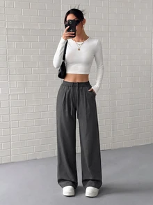 SHEIN EZwear New 2026 Women's Casual Dark Grey Wide-Leg Loose Trousers, Perfect For Everyday Wear In Autumn And Winter. Everyday Daily - Grey - View 5