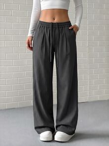 SHEIN EZwear New 2026 Women's Casual Dark Grey Wide-Leg Loose Trousers, Perfect For Everyday Wear In Autumn And Winter. Everyday Daily - Grey - View 6