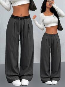 SHEIN EZwear New 2026 Women's Casual Dark Grey Wide-Leg Loose Trousers, Perfect For Everyday Wear In Autumn And Winter. Everyday Daily - Grey - View 8