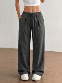 SHEIN EZwear New 2026 Women's Casual Dark Grey Wide-Leg Loose Trousers, Perfect For Everyday Wear In Autumn And Winter. Everyday Daily - Grey - View 2