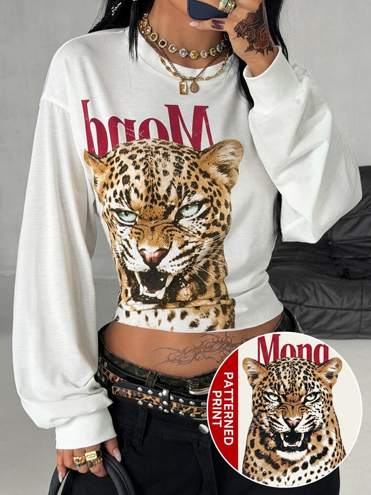 DRPCRD Women's Fall Comfortable Stretchy Warm Night Out Going Streetwear 90s Y2K Casual Rainbow Leopard Crop Long Sleeve Slim Fit Graphic Print T-Shirt - White - View 3