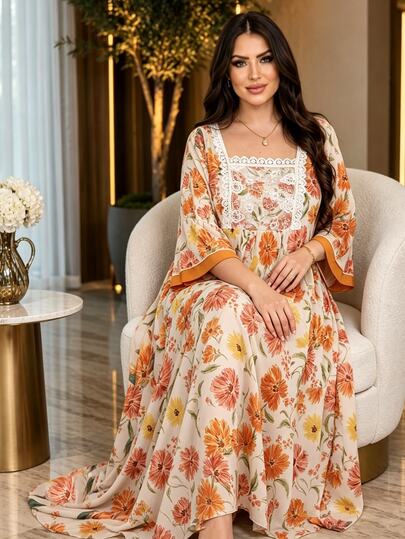 Al Najma Robe longue à imprimé floral orange pour femmes grandes tailles, manches 3/4 avec doubles volants aux poignets, panneau en dentelle florale à l'avant, convient pour le printemps/été, décontracté et occasions
