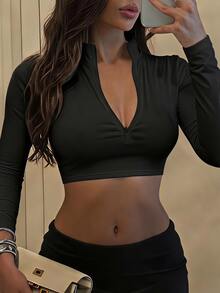 SHEIN SXY 2-Pack Women's Solid Front-Zip Long-Sleeve Cropped T-Shirt - Multicolor - View 6