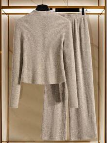 SHEIN Clasi Women's Solid Color Zipper Front Long Sleeve Top And Wide Leg Pants Casual Set Everyday Homewear Khaki Fall - Apricot - View 2