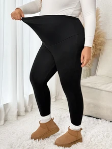 Plussiva Plus Size Maternity Solid Color Adjustable Waist Thermal Lined Leggings - Black - View 6