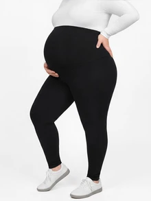 Plussiva Plus Size Maternity Solid Color Adjustable Waist Thermal Lined Leggings - Black - View 4