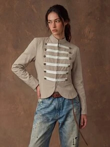 Freevana Women's Stand Collar Double-Breasted Short Casual Jacket - Khaki - View 4