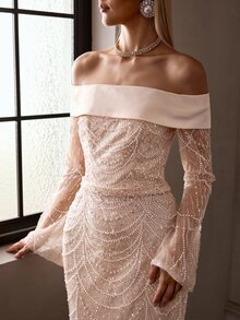 MOTF Soiréza ELEGANT WOMEN'S OFF SHOULDER LONG SLEEVE BEADED FORMAL GOWN WITH BACK SLIT, PERFECT FOR WEDDING, PROM PARTY, BRIDAL PORTRAITS, FORMAL DINNERS, RED CARPET EVENTS - Champagne - View 2