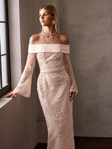 MOTF Soiréza ELEGANT WOMEN'S OFF SHOULDER LONG SLEEVE BEADED FORMAL GOWN WITH BACK SLIT, PERFECT FOR WEDDING, PROM PARTY, BRIDAL PORTRAITS, FORMAL DINNERS, RED CARPET EVENTS - Champagne - View 3