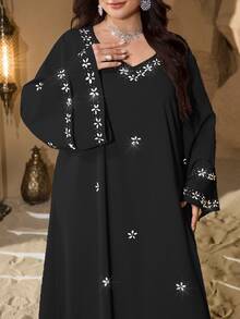 Al Najma Plus Size V-Neck Fashion Rhinestone Embellished Double-Layer Sleeve Shiny Elegant Soft Comfortable Loose Turkish Dress - Black - View 5