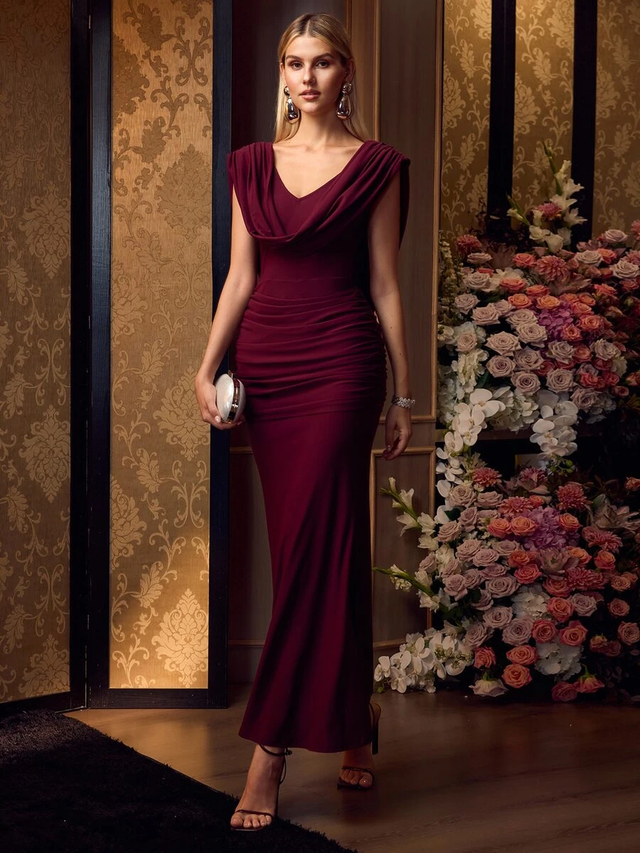 MOTF Soiréza CHIC SLEEVELESS COWL NECK MAXI EVENING GOWN WITH STYLISH HIP PLEATED DECORATION FOR FORMAL OCCASIONS - Burgundy - View 2