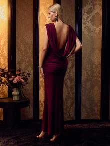 MOTF Soiréza CHIC SLEEVELESS COWL NECK MAXI EVENING GOWN WITH STYLISH HIP PLEATED DECORATION FOR FORMAL OCCASIONS - Burgundy - View 3