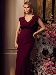 MOTF Soiréza CHIC SLEEVELESS COWL NECK MAXI EVENING GOWN WITH STYLISH HIP PLEATED DECORATION FOR FORMAL OCCASIONS - Burgundy - View 6