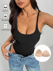 Vivamere Summer Casual Versatile Solid Color Suspender Bodysuit With Padded Bra, Ribbed Knit Vest Bodysuit ,Petite Women - Black - View 10
