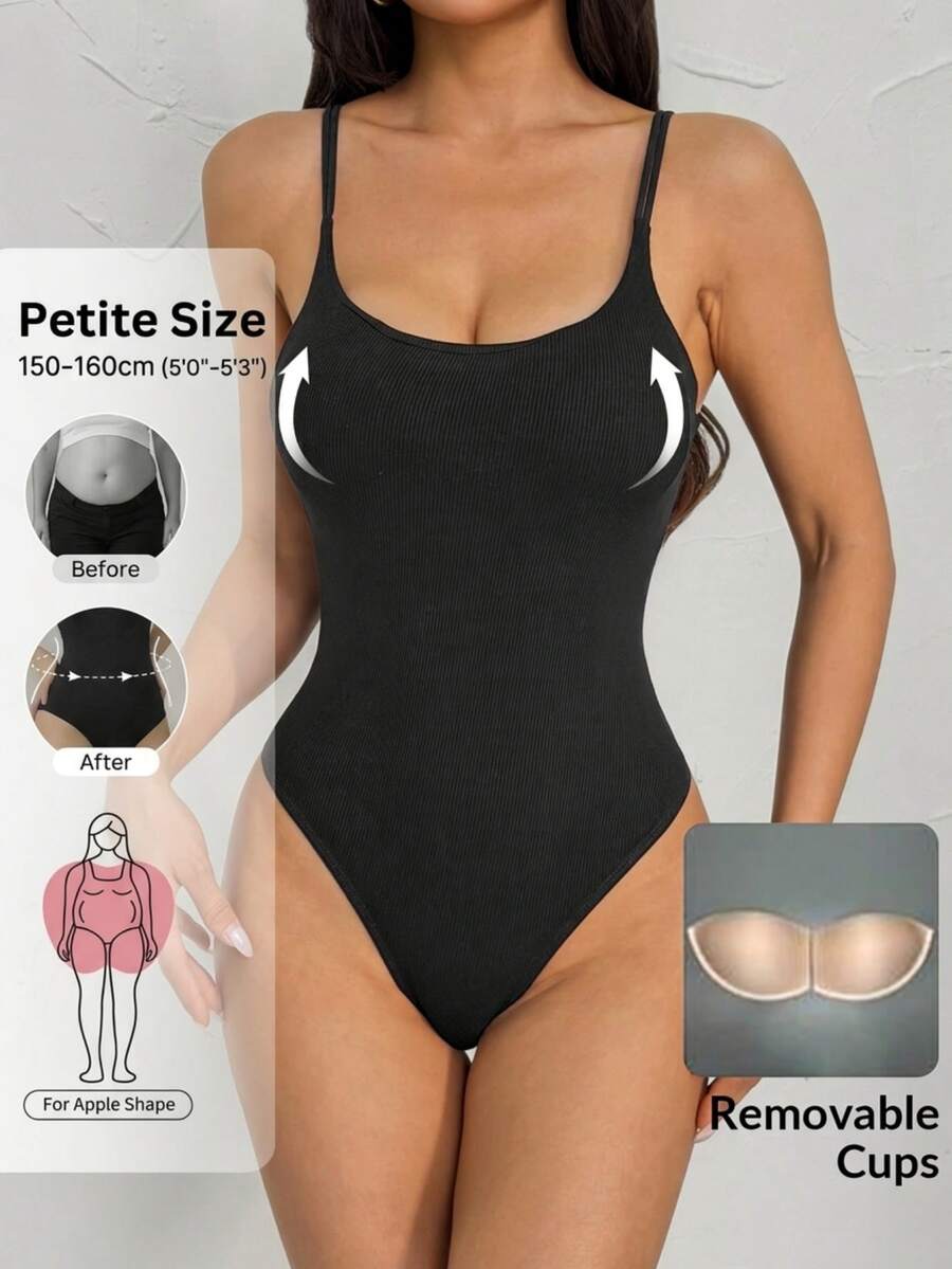 Vivamere Summer Casual Versatile Solid Color Suspender Bodysuit With Padded Bra, Ribbed Knit Vest Bodysuit ,Petite Women - Black - View 1
