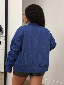 Slaydiva Plus Size Women's Long Sleeve Zipper Front Baseball Collar Denim Jacket - Blue - View 2