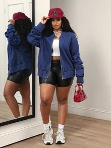 Slaydiva Plus Size Women's Long Sleeve Zipper Front Baseball Collar Denim Jacket - Blue - View 5