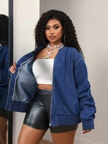 Slaydiva Plus Size Women's Long Sleeve Zipper Front Baseball Collar Denim Jacket - Blue - View 6