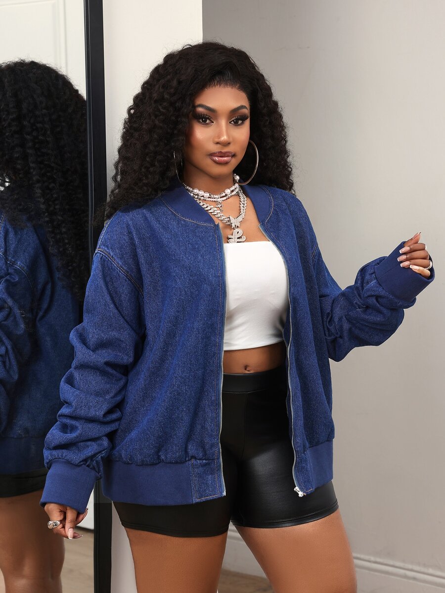 Slaydiva Plus Size Women's Long Sleeve Zipper Front Baseball Collar Denim Jacket - Blue - View 1