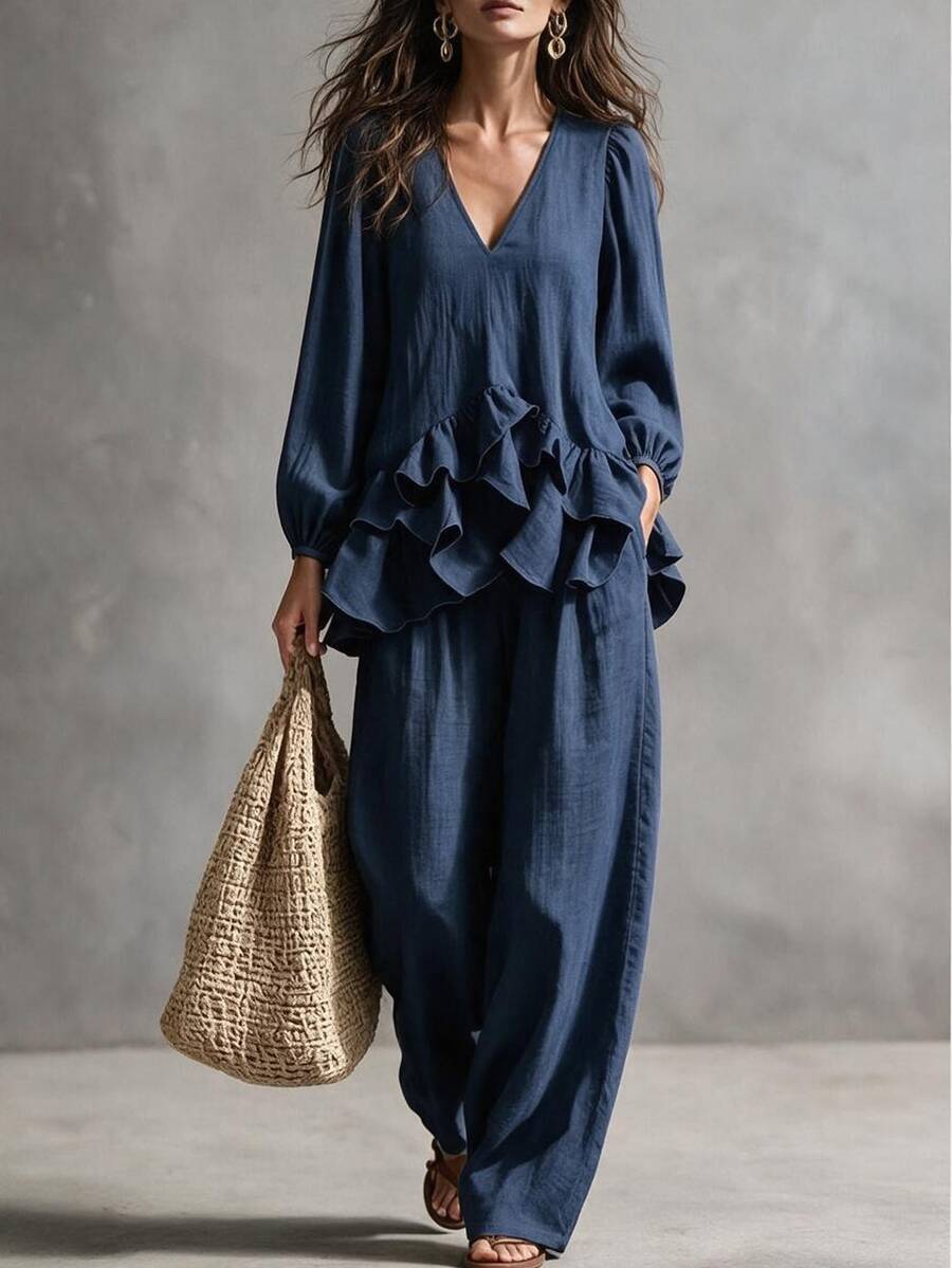 Glimmora Women's Navy Blue V-Neck Ruffle Blouse And Loose Wide Leg Pants Casual 2 Pieces Set - Navy Blue - View 1