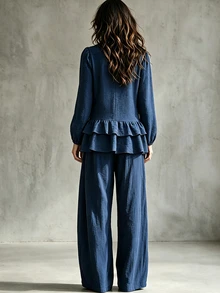 Glimmora Women's Navy Blue V-Neck Ruffle Blouse And Loose Wide Leg Pants Casual 2 Pieces Set - Navy Blue - View 2
