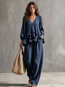 Glimmora Women's Navy Blue V-Neck Ruffle Blouse And Loose Wide Leg Pants Casual 2 Pieces Set - Navy Blue - View 3