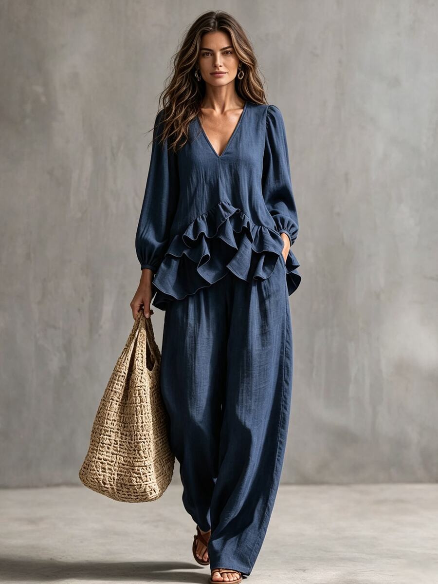 Glimmora Women's Navy Blue V-Neck Ruffle Blouse And Loose Wide Leg Pants Casual 2 Pieces Set - Navy Blue - View 1