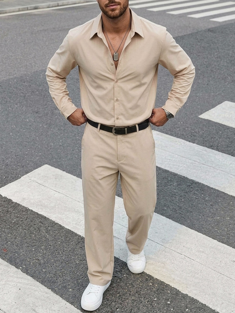 SHEIN X Scheana DAZY Men's Plaid Texture Shirt & Elastic Waist Long Pants 2 Pieces Set - Khaki - View 3