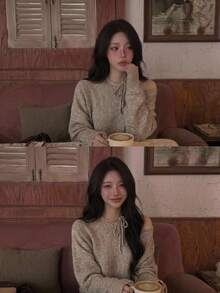 DAZY Sweater Rajut Lembut Elegan Wanita, Garis Leher Bahu Asimetris dengan Tali Pengikat, Lengan Panjang Bahu Asimetris, Longgar dan Santai, Cocok untuk Pesta, Kencan, Perjalanan, Musim Gugur/Dingin - Krem - View 1