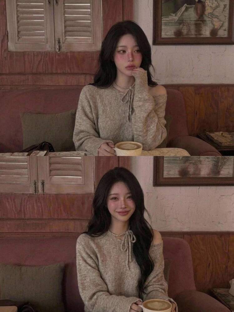 DAZY Sweater Rajut Lembut Elegan Wanita, Garis Leher Bahu Asimetris dengan Tali Pengikat, Lengan Panjang Bahu Asimetris, Longgar dan Santai, Cocok untuk Pesta, Kencan, Perjalanan, Musim Gugur/Dingin - Krem - View 1
