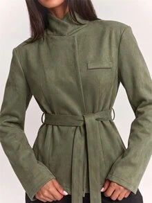 SHEIN BAE Olive Green Suede Wrap Collar Cropped Blazer For Women Fall 2026 Cinched Waist Waist Casual Business Professional Elegant Long Sleeve Short Jacket Office - Army Green - View 7
