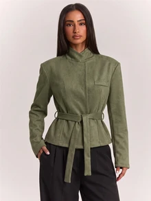 SHEIN BAE Olive Green Suede Wrap Collar Cropped Blazer For Women Fall 2026 Cinched Waist Waist Casual Business Professional Elegant Long Sleeve Short Jacket Office - Army Green - View 8