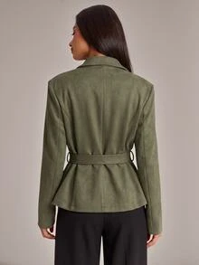 SHEIN BAE Olive Green Suede Wrap Collar Cropped Blazer For Women Fall 2026 Cinched Waist Waist Casual Business Professional Elegant Long Sleeve Short Jacket Office - Army Green - View 6