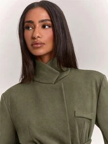 SHEIN BAE Olive Green Suede Wrap Collar Cropped Blazer For Women Fall 2026 Cinched Waist Waist Casual Business Professional Elegant Long Sleeve Short Jacket Office - Army Green - View 5