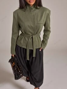 SHEIN BAE Olive Green Suede Wrap Collar Cropped Blazer For Women Fall 2026 Cinched Waist Waist Casual Business Professional Elegant Long Sleeve Short Jacket Office - Army Green - View 3