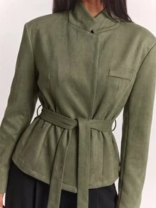 SHEIN BAE Olive Green Suede Wrap Collar Cropped Blazer For Women Fall 2026 Cinched Waist Waist Casual Business Professional Elegant Long Sleeve Short Jacket Office - Army Green - View 4