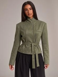 SHEIN BAE Olive Green Suede Wrap Collar Cropped Blazer For Women Fall 2026 Cinched Waist Waist Casual Business Professional Elegant Long Sleeve Short Jacket Office - Army Green - View 1