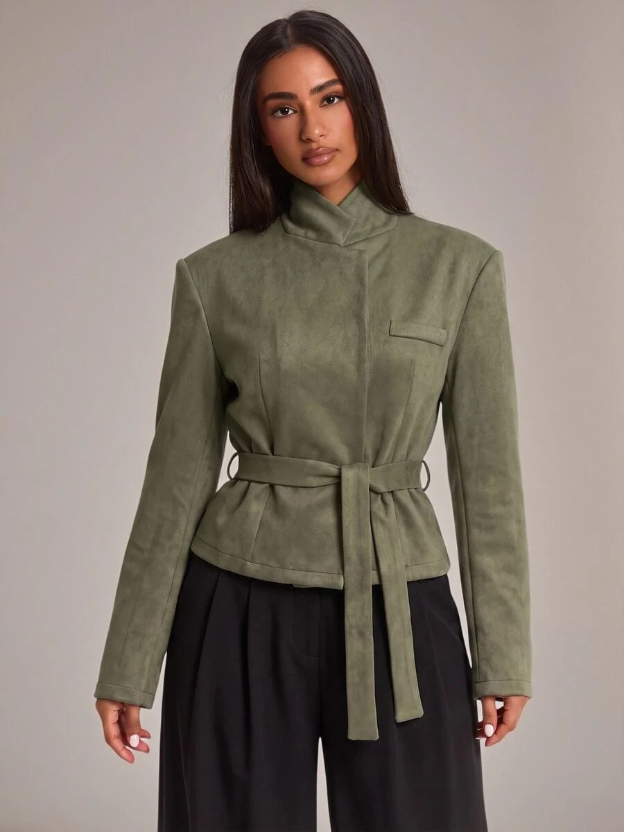 SHEIN BAE Olive Green Suede Wrap Collar Cropped Blazer For Women Fall 2026 Cinched Waist Waist Casual Business Professional Elegant Long Sleeve Short Jacket Office - Army Green - View 1