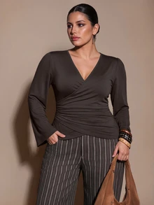SHEIN BAE CURVE Plus Size Women's Brown Fitted Asymmetrical Long Sleeve Top, Autumn/Winter,Elegant Attire, Luxury, Going Out, Weddings, Halloween, Basics Fall - Brown - View 3